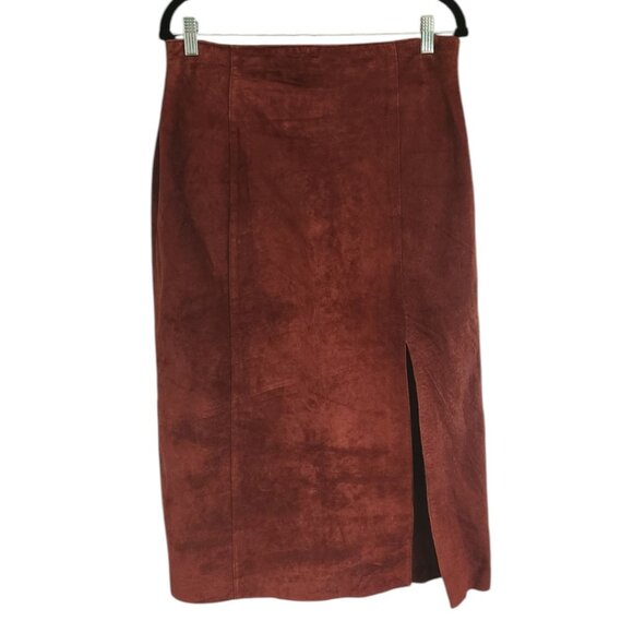 Rusty Brown Suede Leather Side Slit Midi Skirt Petite Size 14 - Picture 1 of 10